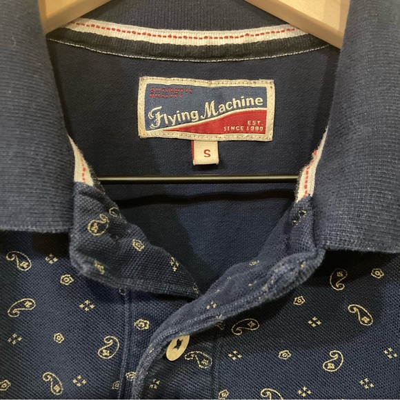 Vintage Washed Cotton Abstract Print Polo T-Shirt Navy Blue Yellow Men’s Size S - Picture 7 of 11